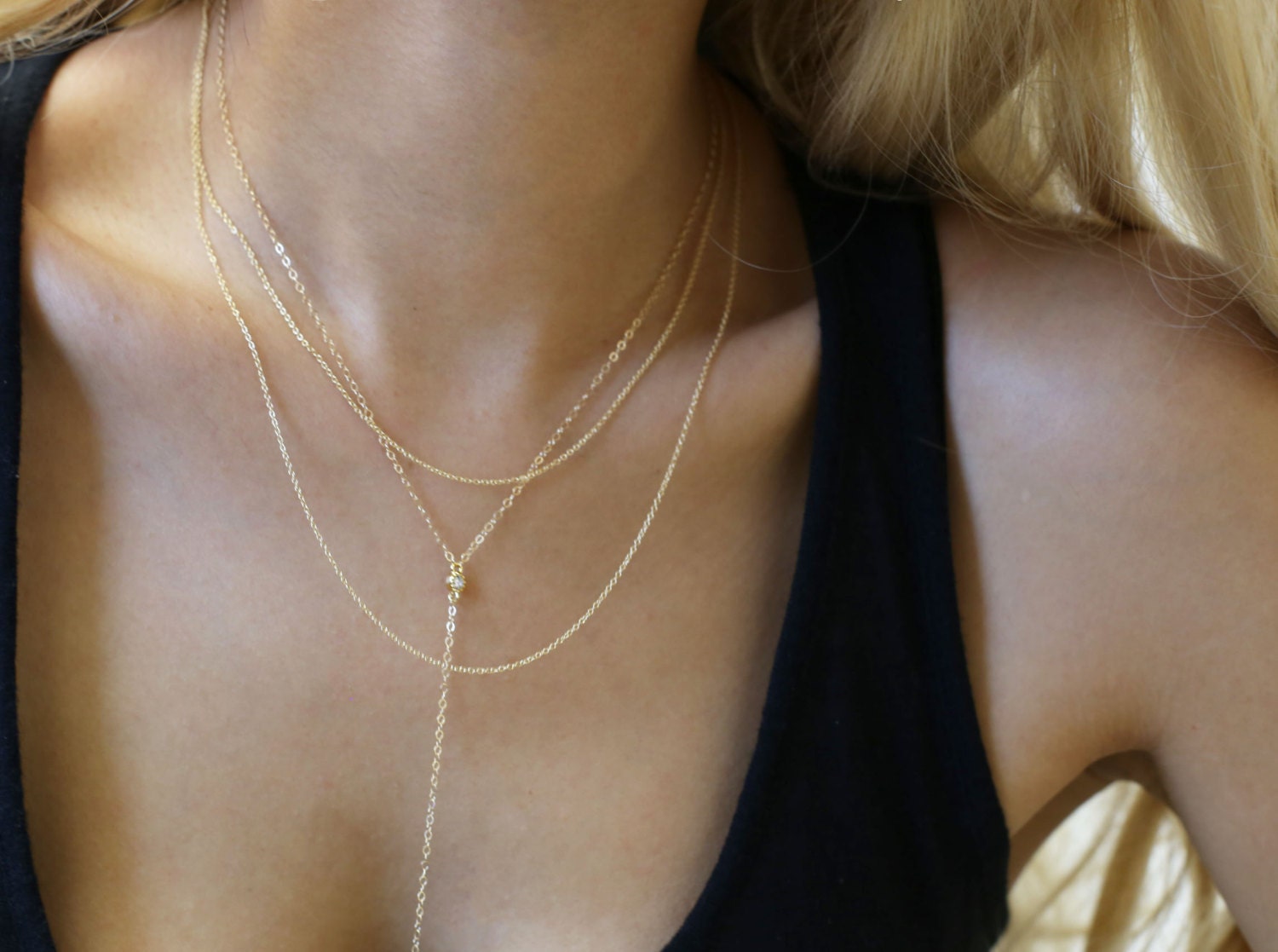 Lariat & Double Chain Layered Necklaces Set Combo - Set Of 2 Necklaces, Layering Necklace Gift For Her Es014