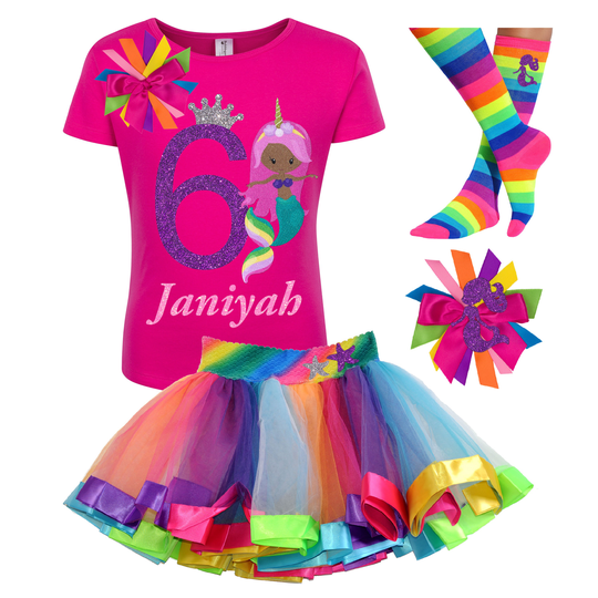 Black Mermaid Shirt 6Th Birthday Outfit Mermaids Tail Starfish Rainbow Tutu African American Princess Personalized Custom T-Shirt 6