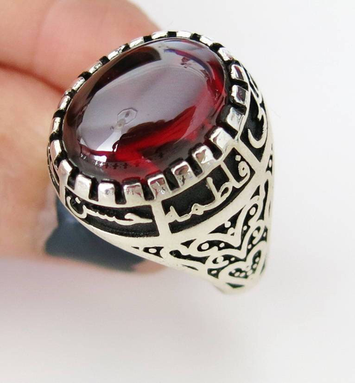 Handmade Shia Allah Ring Men's Woman's Red Zircon Ahlulbayt Ahl-Ul-Bait Solid 925 Sterling Silver Panjtan Islam S90