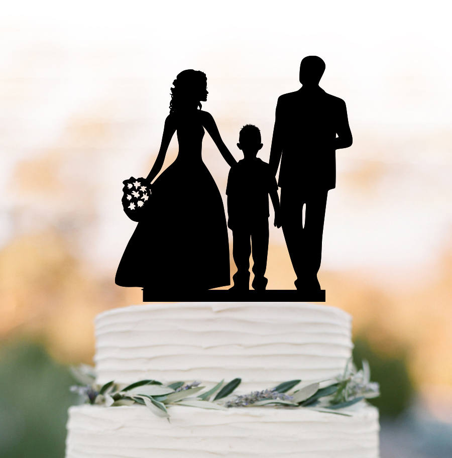 Family Wedding Cake Topper With Boy, Bride & Groom Silhouette Wedding Cake Toppers, Funny Toppers Kid | Child
