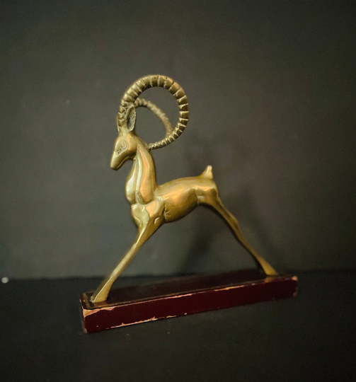 Brass Antelope/Gazelle/Ram Art Sculpture. Mcm Brass Antelope& Wood Block. 70S San Pacific Object. Antelope Book End