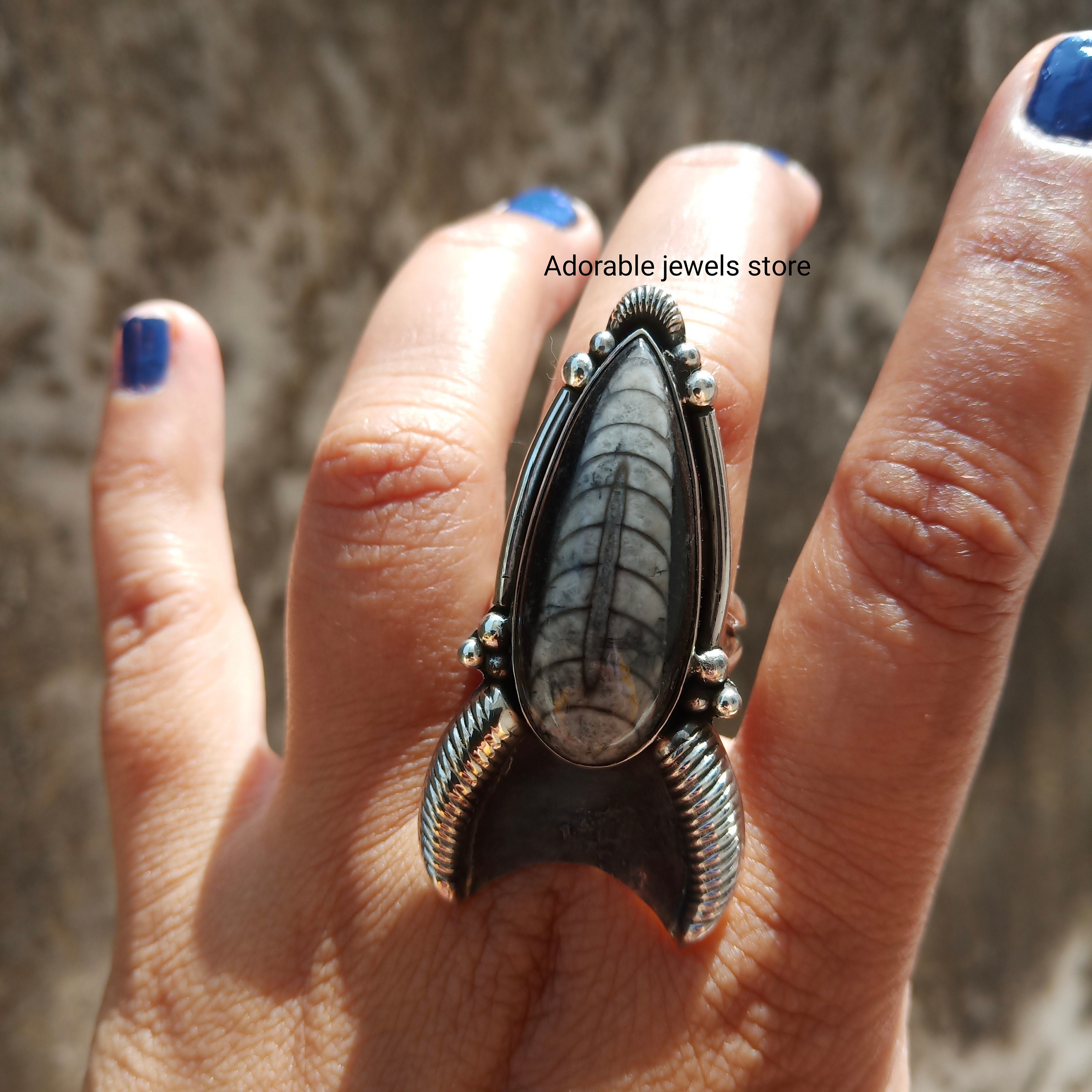 Orthoceras Fossil Ring Solid 925 Sterling Silver Large Fossil Ring, Statement Ring, One Of Kind, Ooak Jewelry, Handmade Bohemian Ring Gift Her