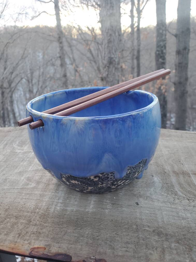 Handmade Noodle Bowl W Chopsticks, Paisley Patterned, Drippy Glaze, Rice Stir Fry Bowl, Appx 2 + Cups, Free Shipping