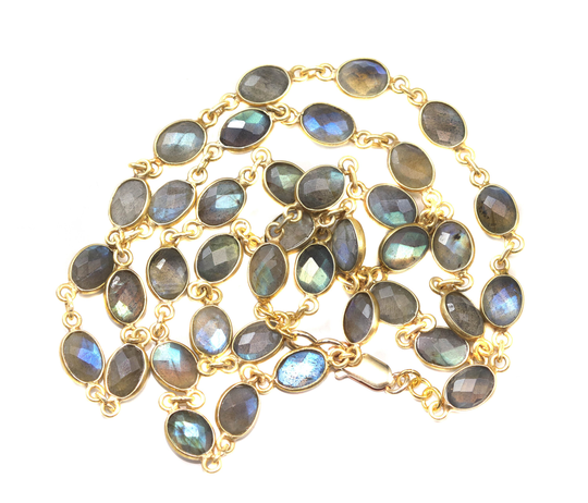 Labradorite Necklace Bezel Set Oval Shaped Faceted Cut Link 14K Gold Plate 24 Inch Aaa Blue Flash Contemporary Design