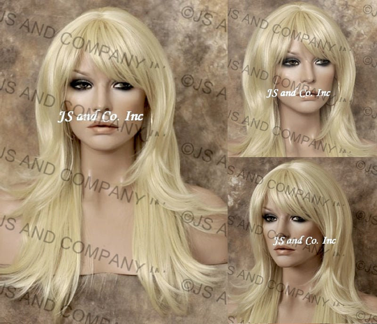 Bleach Blonde Human Hair Blend Wig Heat Ok Flared Out Sides & Back Full Bangs Cancer Alopeica Theater Anime Cosplay Emo