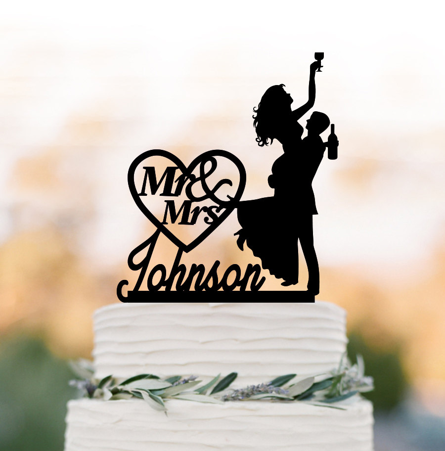 Drunk Bride Wedding Cake Topper Mr & Mrs, Bride Groom Silhouette, Personalized Wedding Cake Name, Funny Figurine