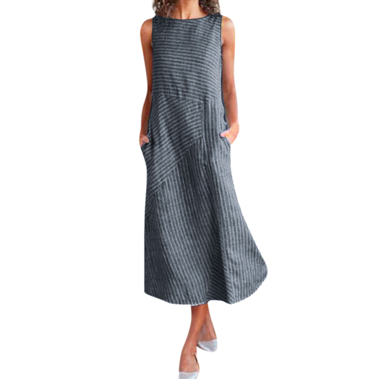 Lightweight Striped Midi Dresses in Linen Blend, S-2X - Deep Blue, XXL