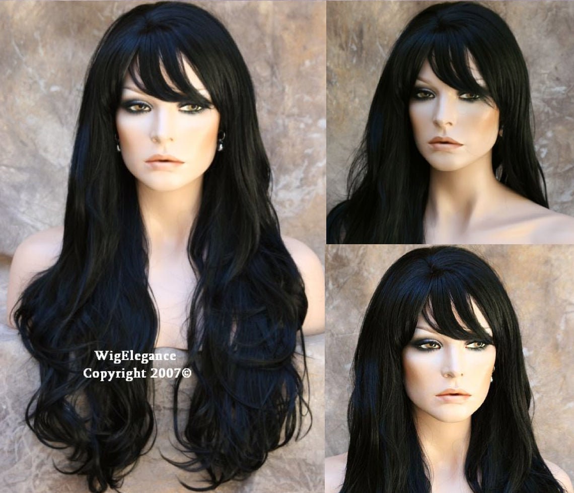stunning Human Hair Blend Wig Black Long Layered Wavy Full Heat Resistant N Bangs Cancer/Alopecia/Cosplay