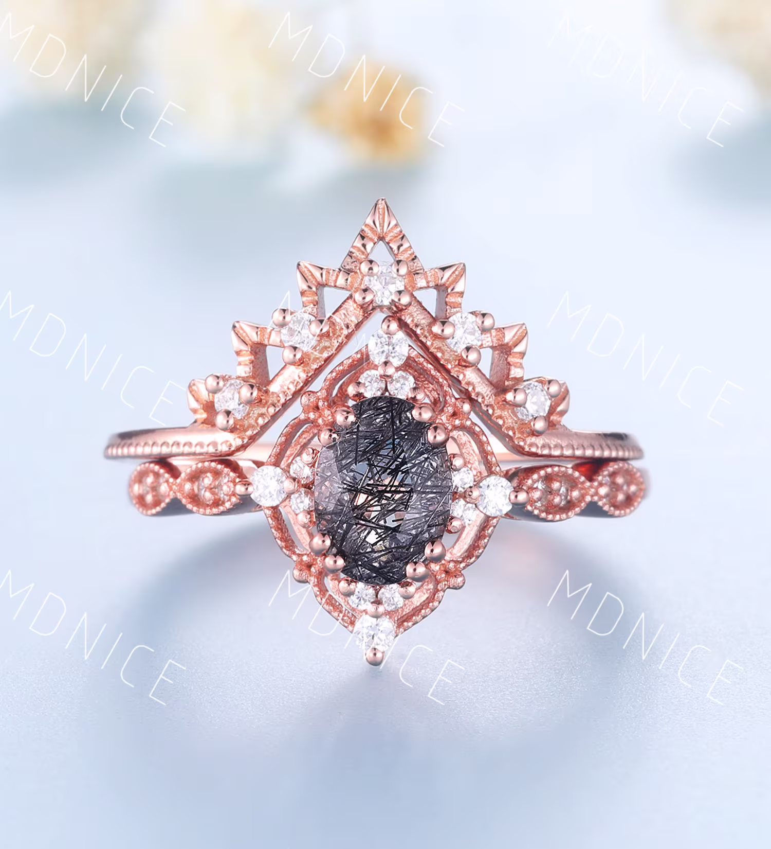 Oval Black Rutilated Quartz Ring, Rose Gold Rings For Women, Vintage Engagement Curved Stacking Matching Band, Anniversary Ring
