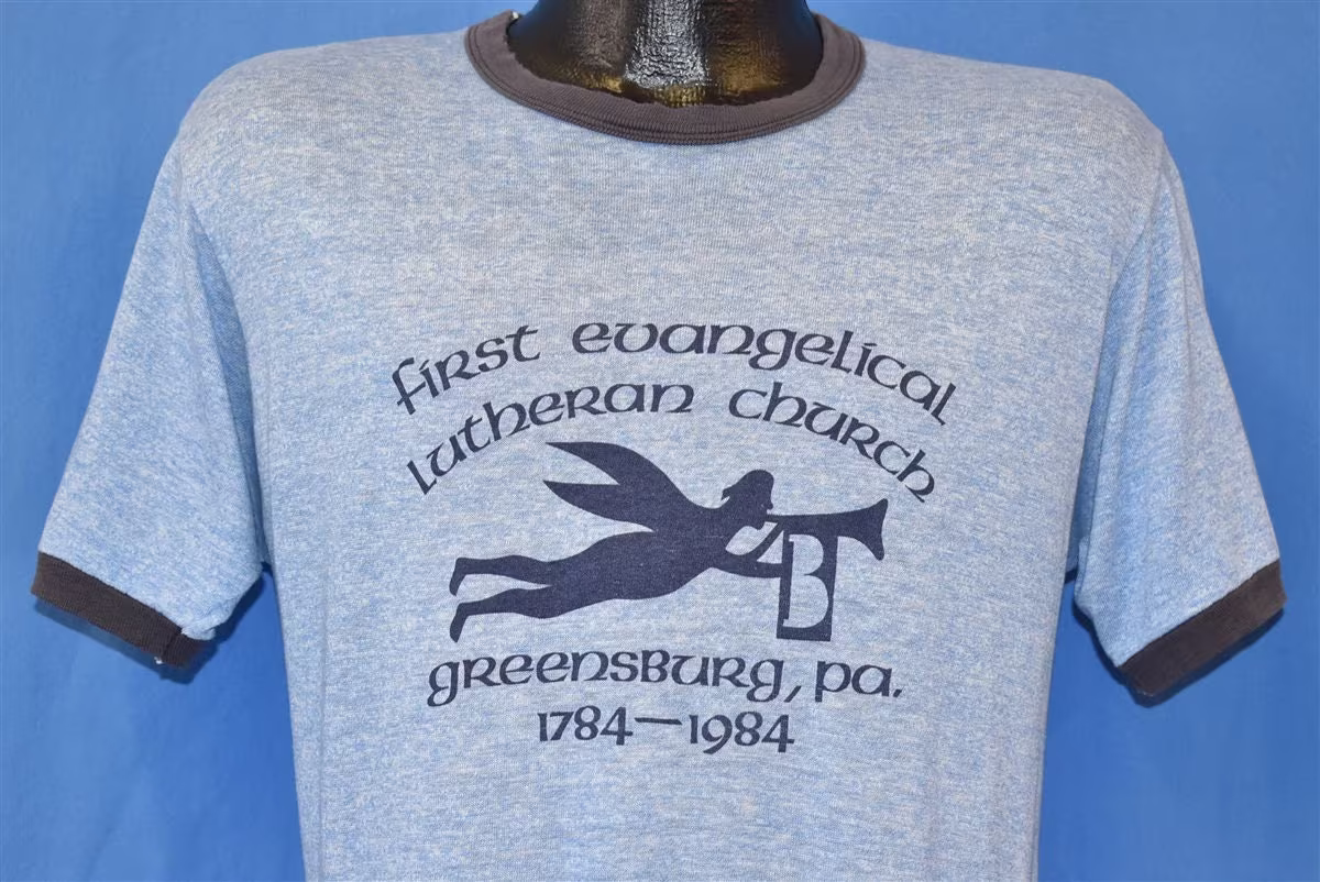 80S First Evangelical Lutheran Church Greensburg Pennsylvania 1784-1984 Rayon Tri Blend Ringer T-Shirt Medium