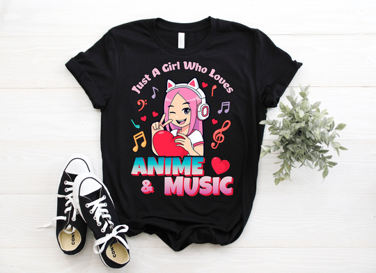 Just A Girl Who Loves Anime & Music T-Shirt, Manga Lover Gift Tshirt Japanese Cosplay Fan Shirt Karaoke Decals Birthday Present Tee Shirts