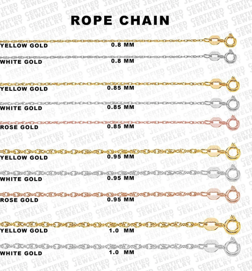 14K Gold Rope Chain, Dainty 0.8mm, 0.85mm, 0.95mm, 1.0mm Thick, Delicate Thin, White Rose Woman