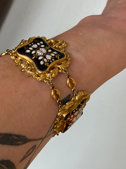 Antique Swiss Enamel Panel Bracelet Gilt Pinchbeck Georgian Era Early 19Th Century