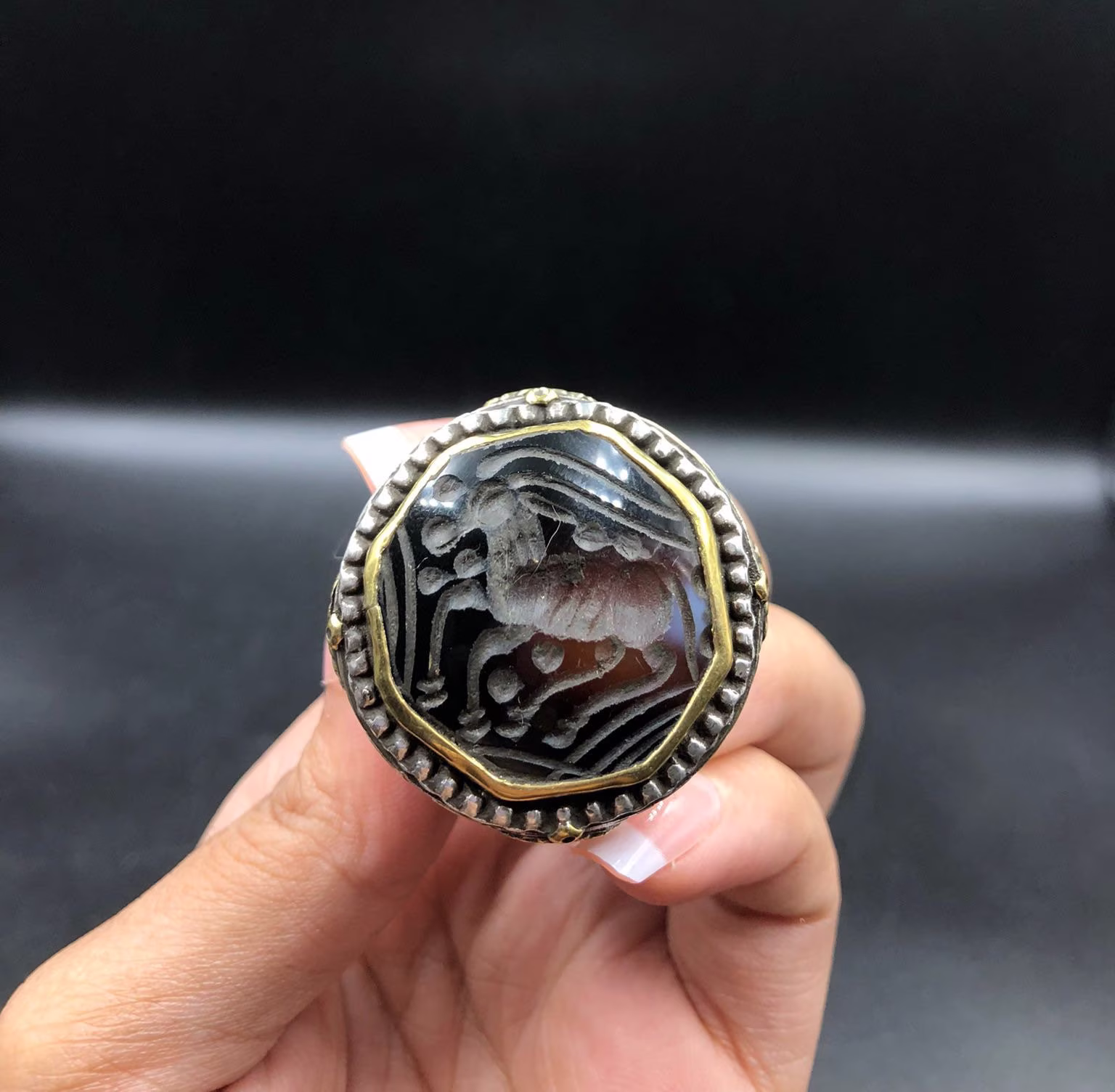 Unique Old Afghani Ring Carved Ram Agate Stone Handmade Silver & Gold Plated