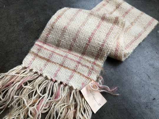 Beautiful Wool Mohair Blend Hand Woven Cream Pink Beige Tweed Striped Plaid Fringed Winter Scarf Muffler Shawl Vintage 1980S 1990S Handmade