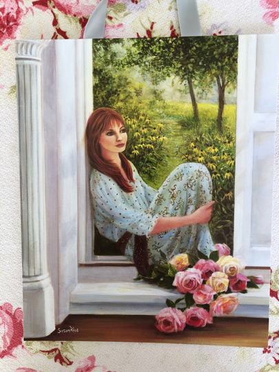 Woman With Roses Art Print, in Garden Rose Bouquet, Daydreaming