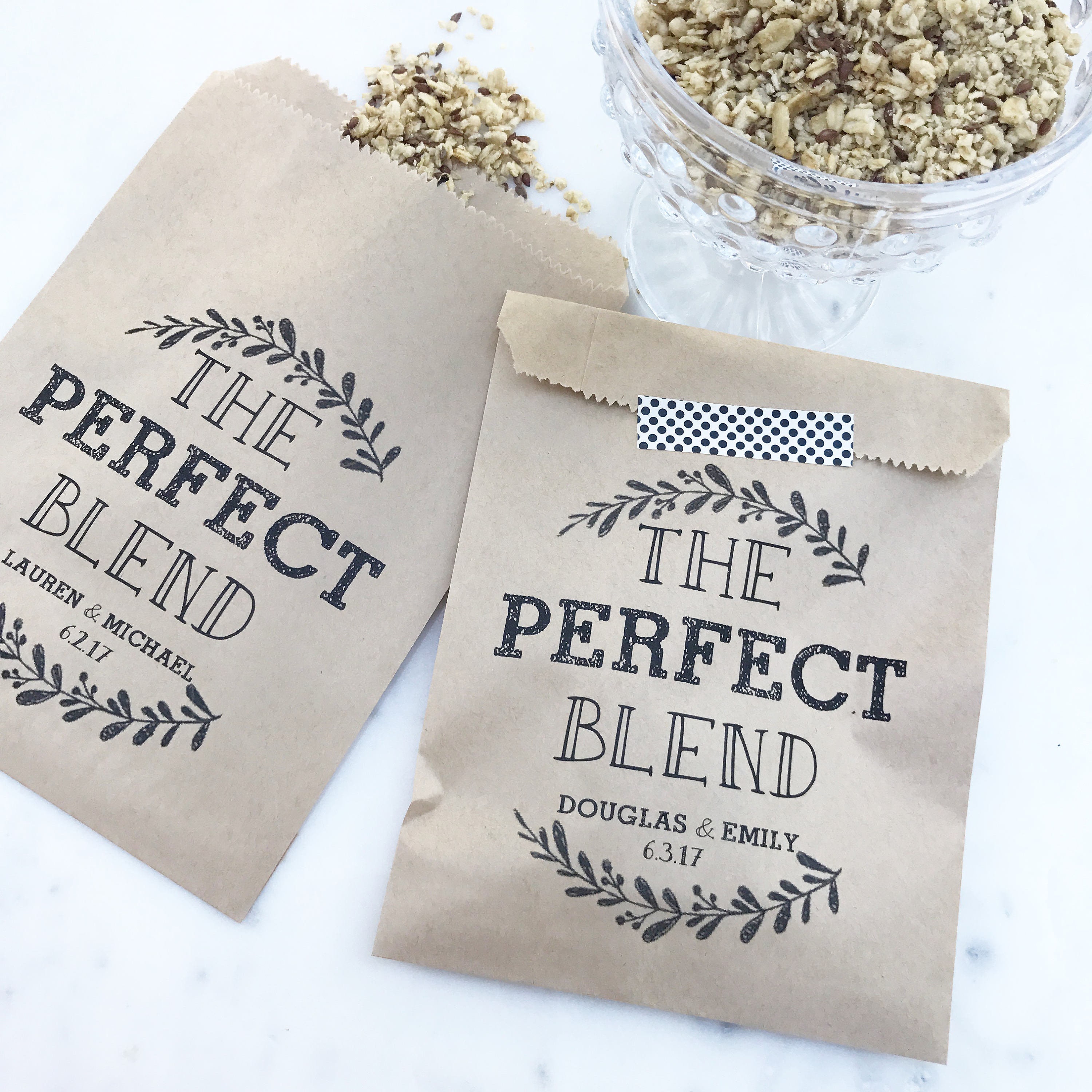 Wedding Favor Bags - The Perfect Blend Coffee, Tea & Honey, Or Granola Bags Custom Printed On Kraft Brown Paper