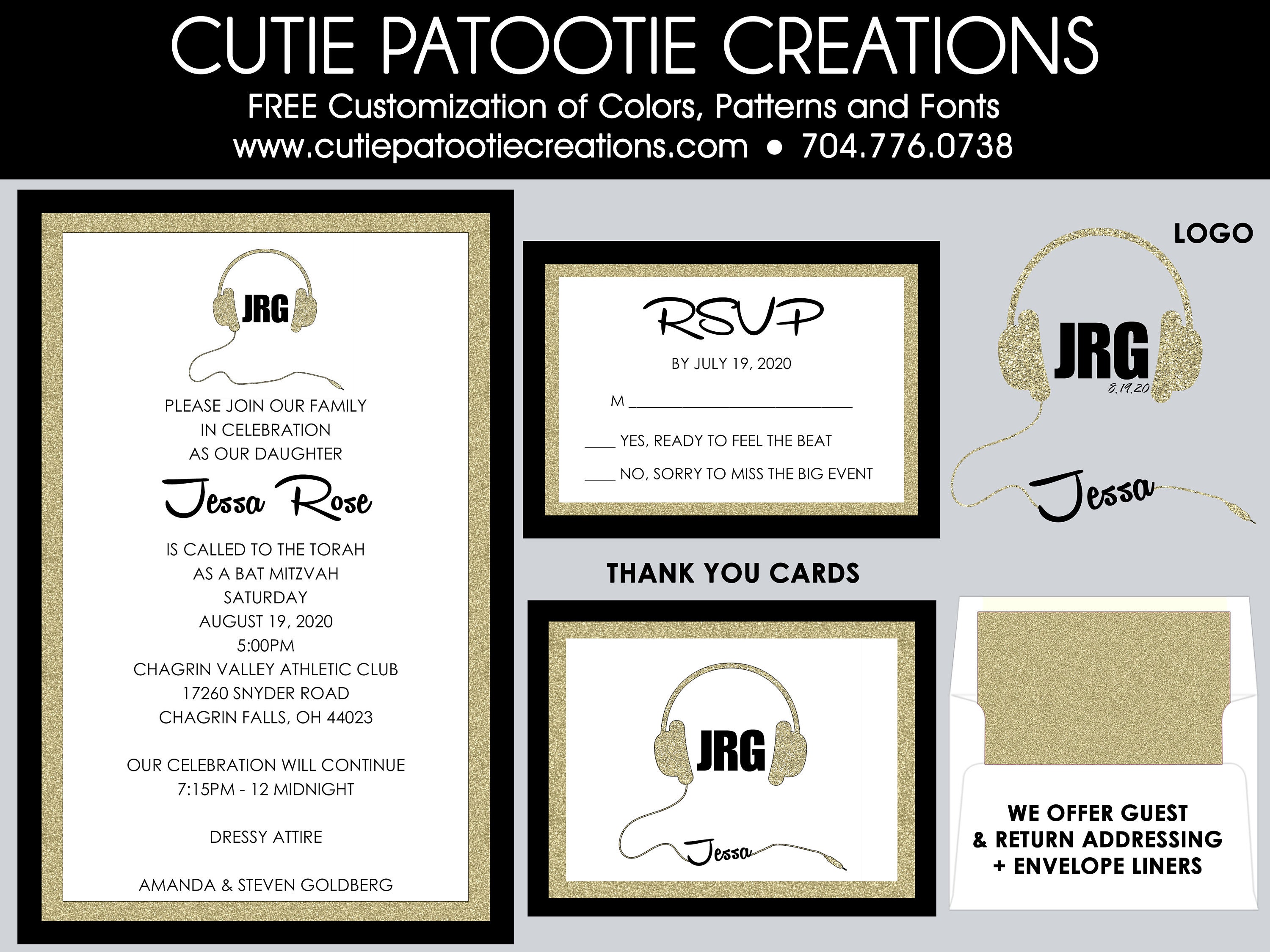 Club Theme Bat Mitzvah Invitations With Matching Headphones Logo - Rsvp Cards, Thank You, Envelope Addressing Custom Colors