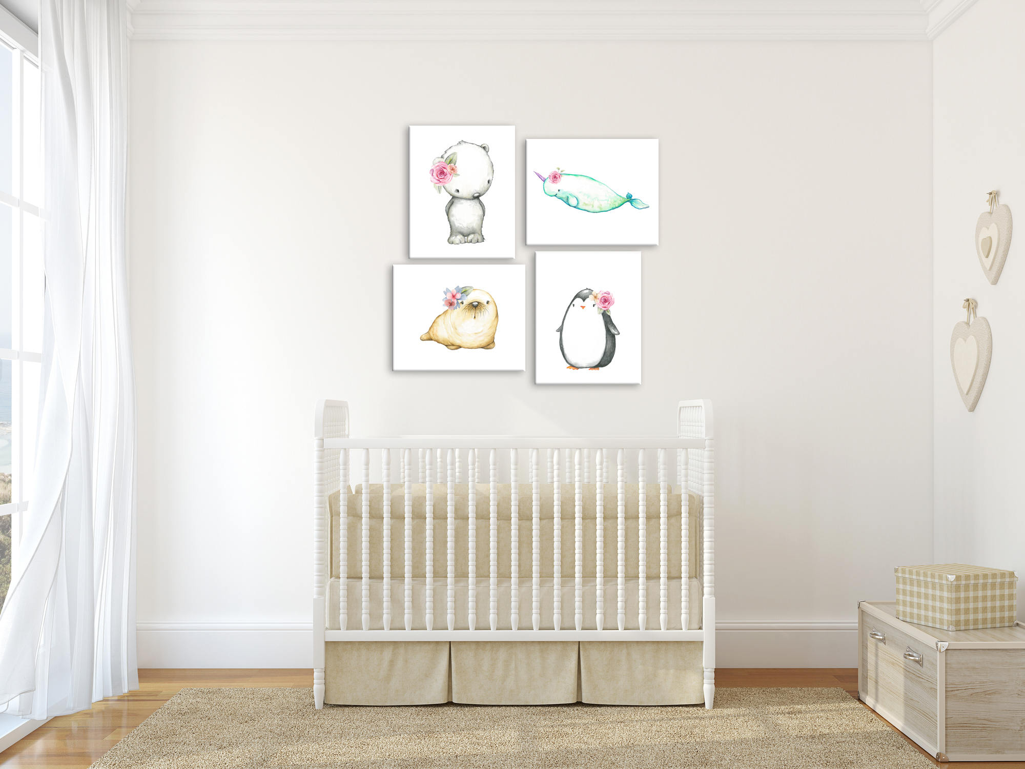 Baby Animals Arctic Nursery Decor, Antarctica Print, New Baby Gift, Girl Narwhal Art, Shower Penguin Decor