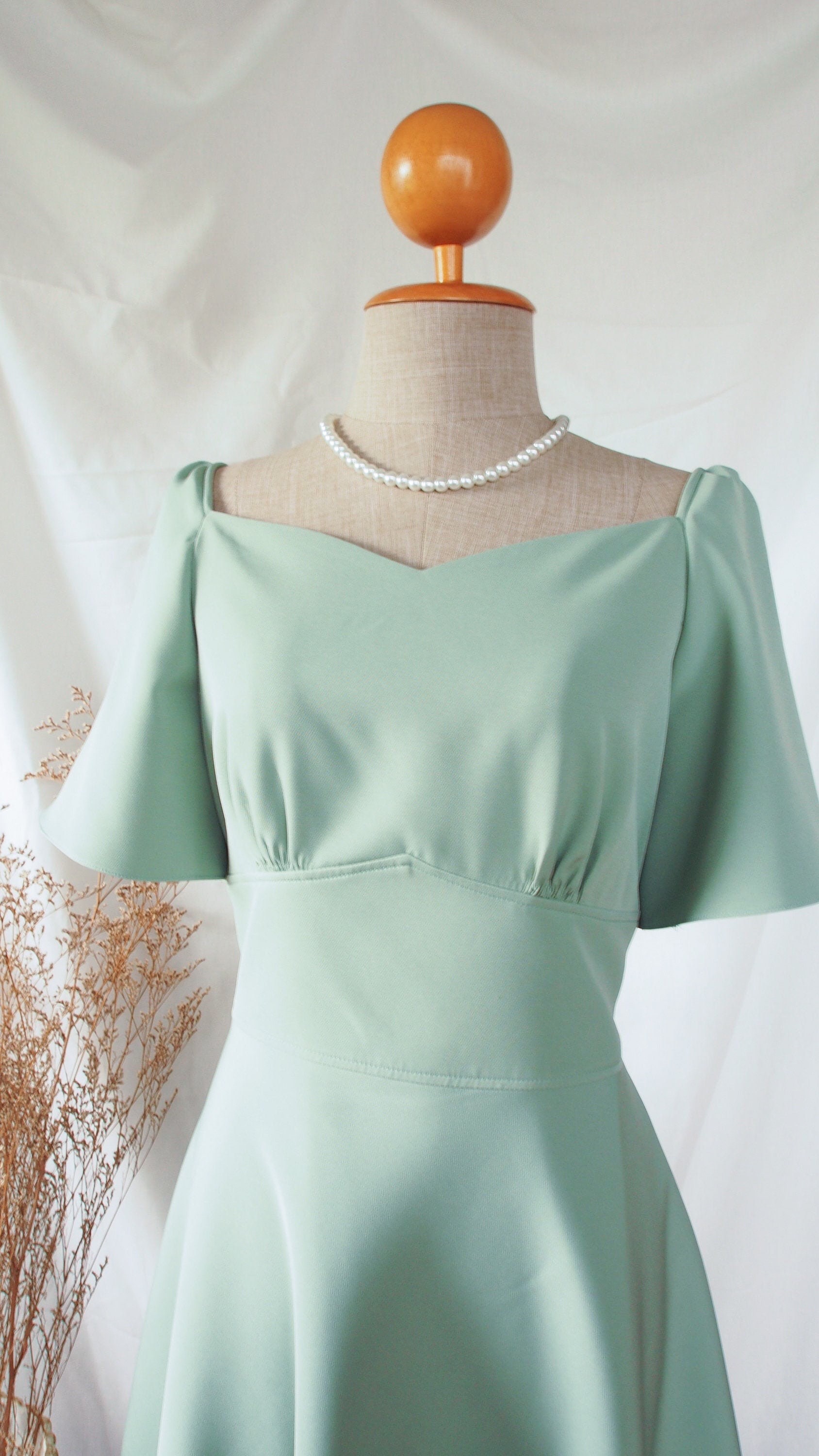 Little Monet Sage Green Wedding Dress Summer Sweet Heart Fit & Flare Prom Evening Gown Swing Skirt Bridesmaid Dress