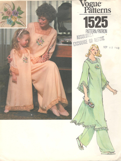 Vogue 1525 1970S Misses A Line Nightgown & Pants Pattern Square Neck Embroidery Womens Vintage Sewing Size 12 Bust 34 Uncut