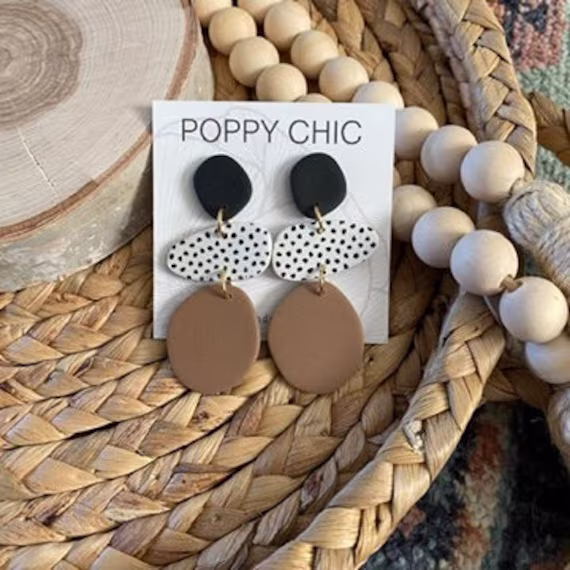 Neutral Toned Boho Clay Earrings With Polka Dots