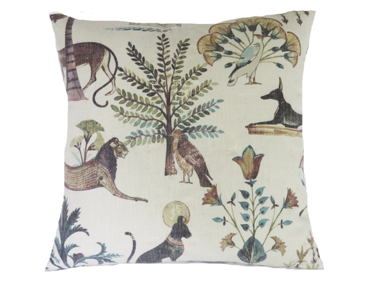 Egyptian Animals Pillow Cover, 17" - 18" Square With Zipper, Linen Blend, Natural Cream Charcoal, Brown, Teal, Gold