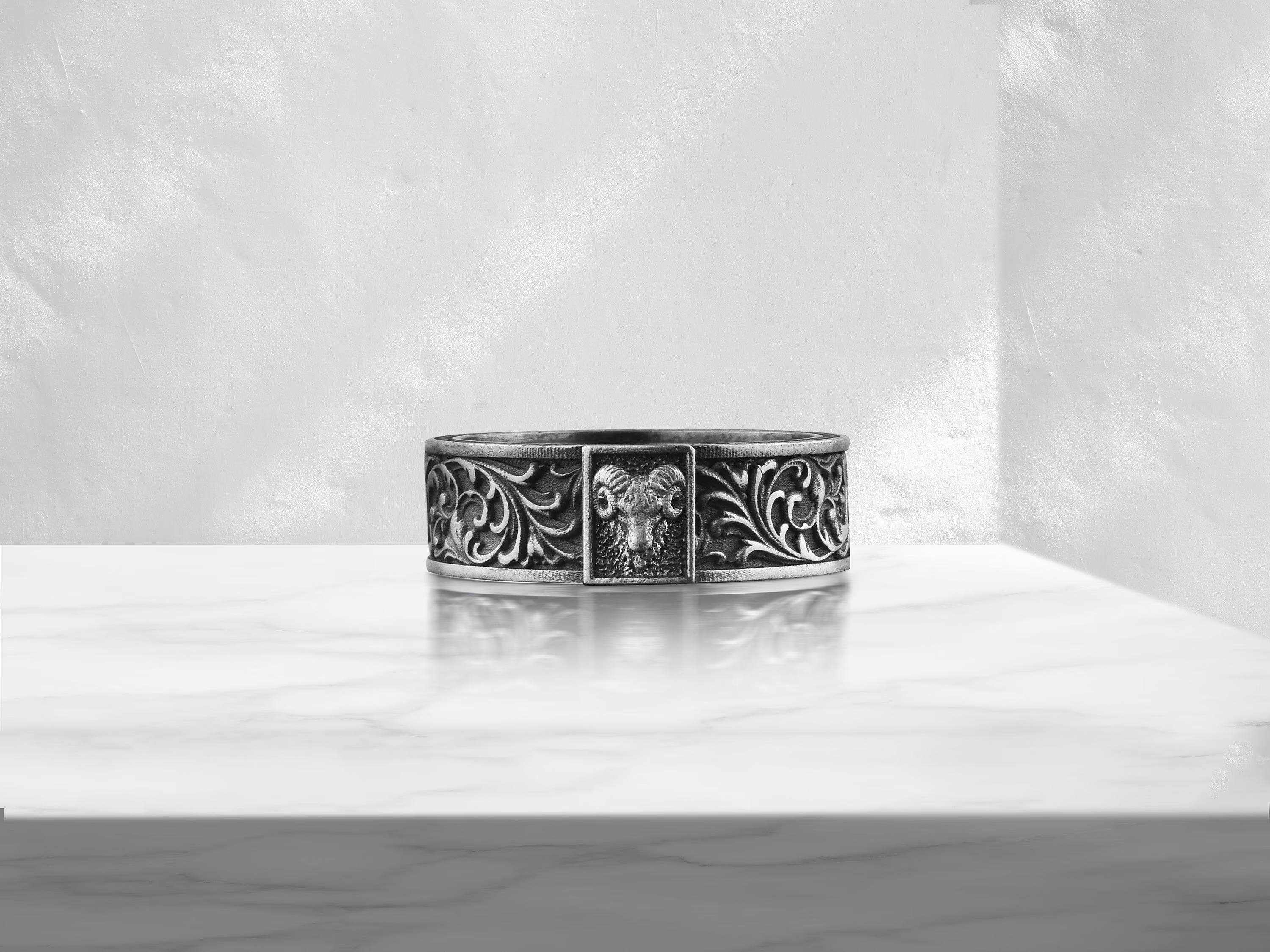 sterling Silver Aries Ram Zodiac Floral Motif Band Men, Solid 925 Boho Leaf Pattern Women Ring, Astrology Animal Jewelry, Ring For Men