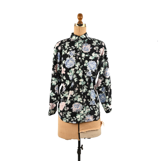 Vintage 80S Cotton Blend Black Rose Floral Print Oversized Button Down Shirt Top M L