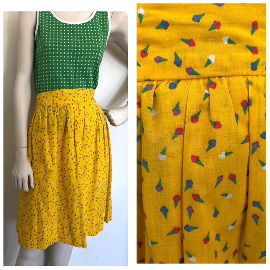 Vintage Ice Cream Cone Micro Print Pleated Skirt Whimsical Marigold Summer Ice Skirt // Tea Party Retro Size S