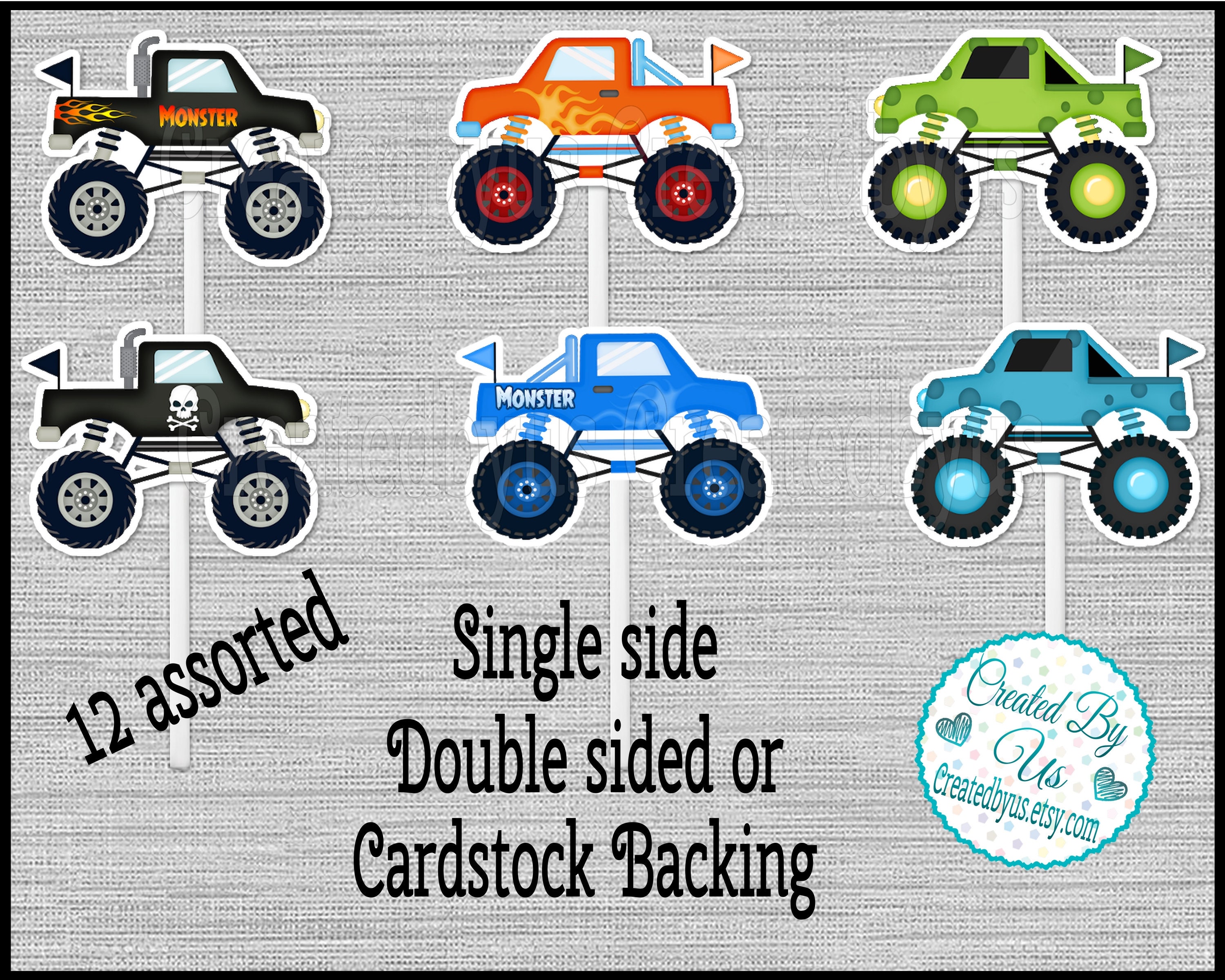 Monster Truck Cupcake Toppers Birthday Party Favors Picks Double Sided Truck Cake Topper Cup Top 12 Assembled