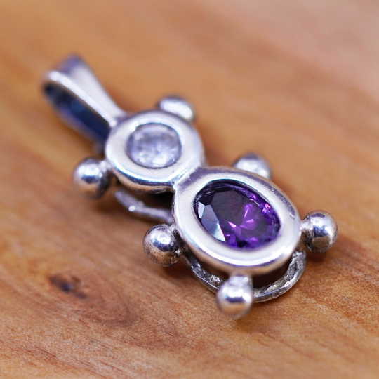 Vintage Sterling 925 Silver Handmade Bear Pendant Charm With Birthstone Amethyst. Stamped