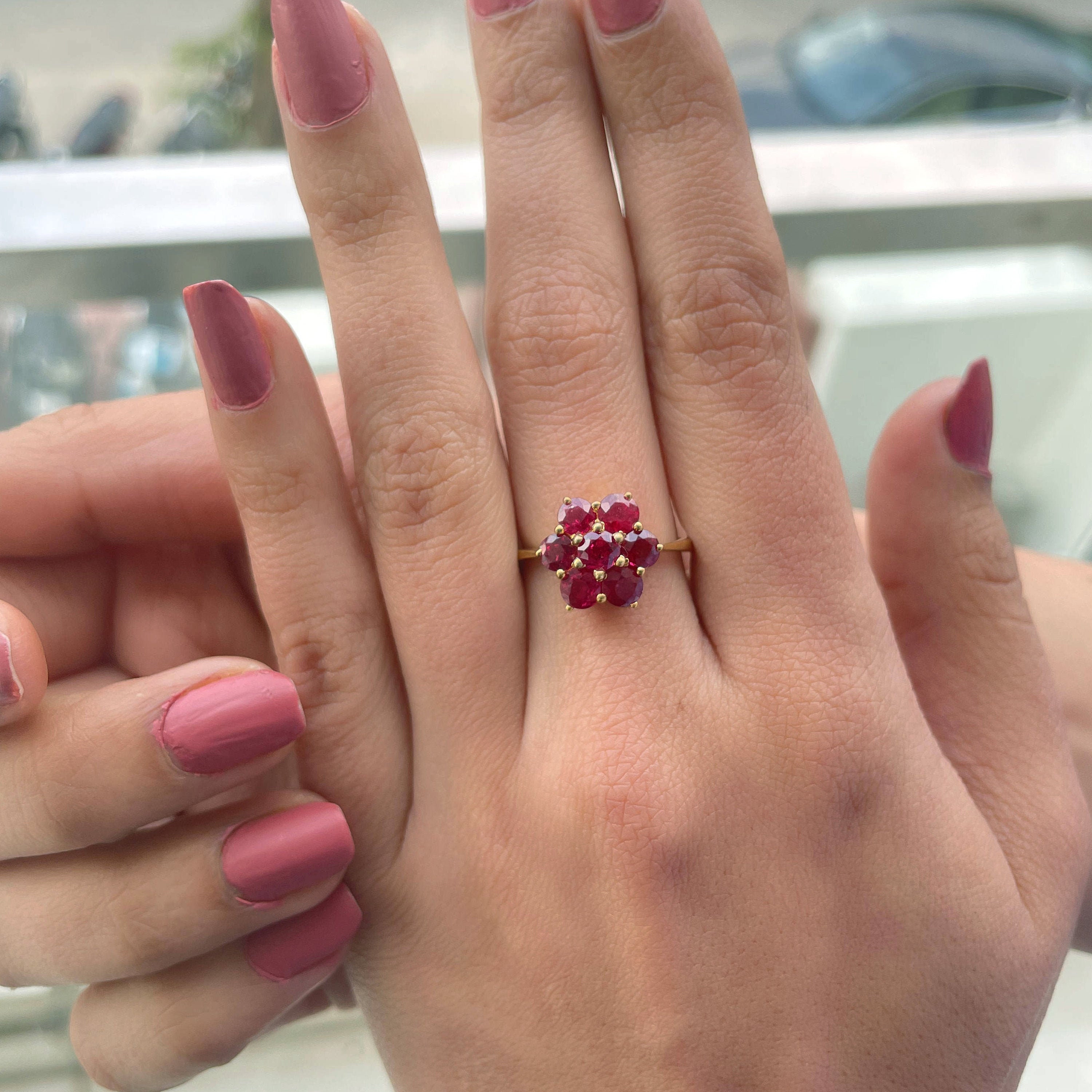 2.50 Ct Ruby Flower Ring, Cluster July Birthstone Anniversary Rings For Women
