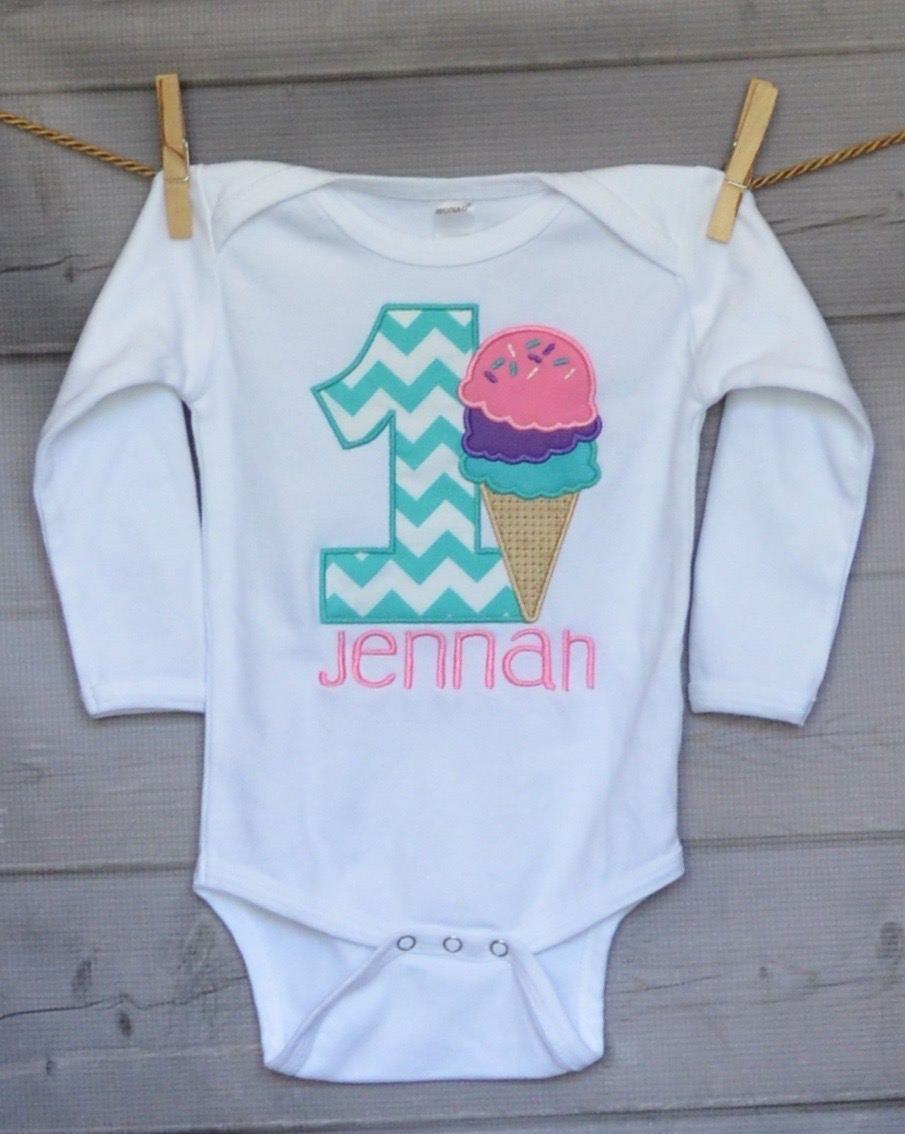 Personalized Birthday Ice Cream Cone Applique Shirt Or Bodysuit Girl