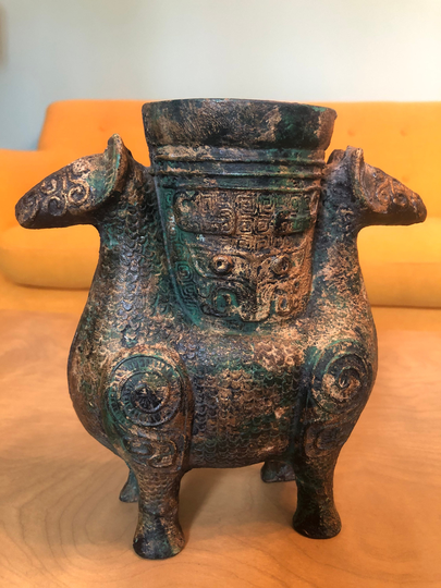 Antique Vintage Double Ram Head Zun Cast Iron Cup Chalice Chinese Old