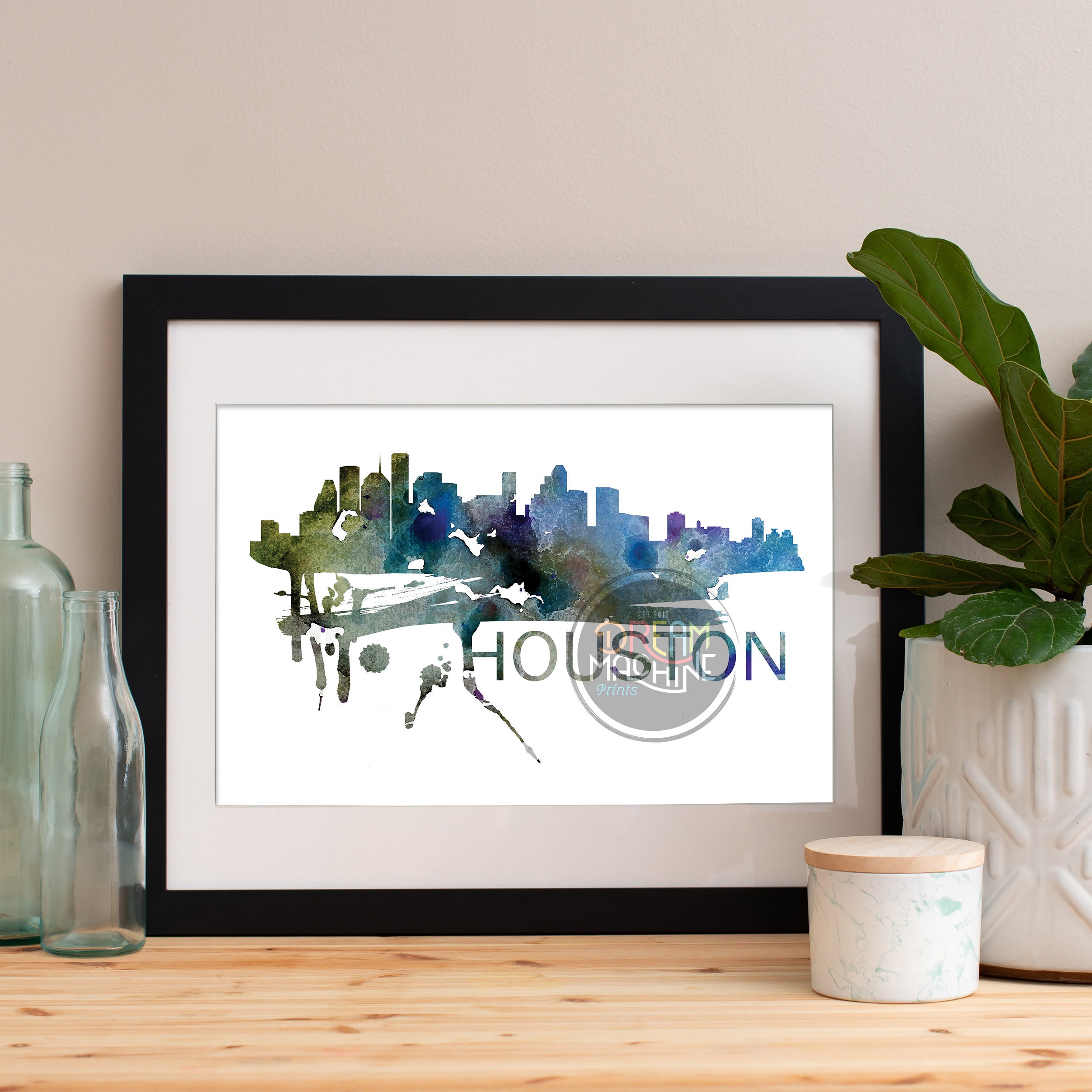 Houston Watercolor Skyline, Art, Poster, Print, Map, Wall Texas