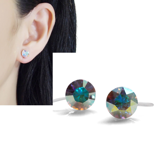 Swarovski Aurora Borealis Clip On Earrings. Rhinestone Invisible Earrings Stud. Crystal Earrings, Non Pierced