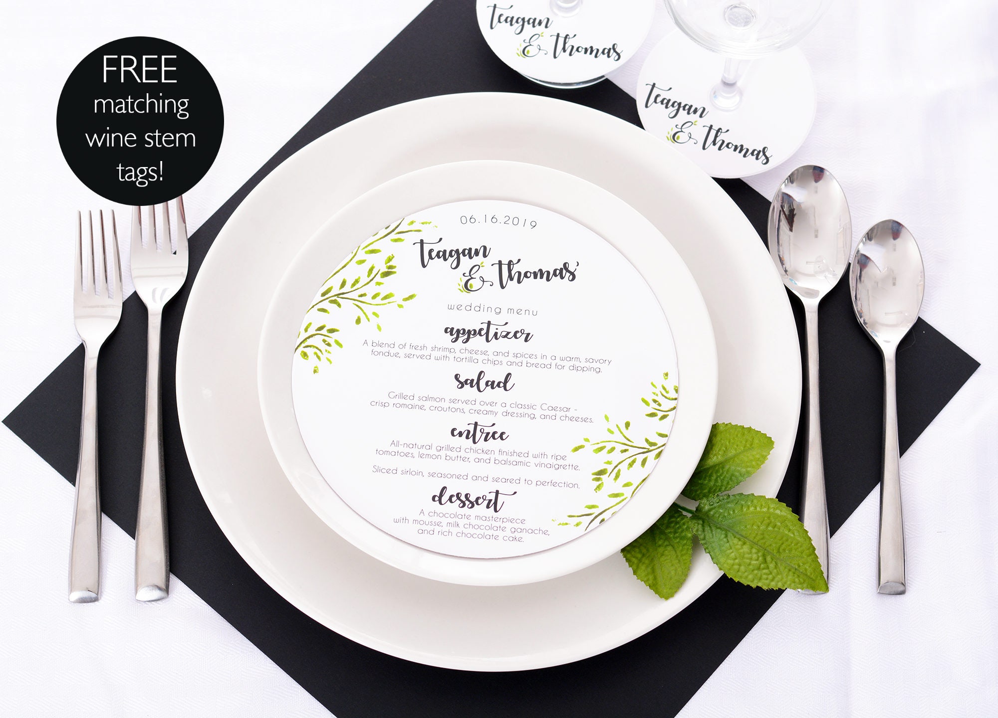 Round Wedding Menus - Plate Free Matching Wine Glass Tags 6.5 Personalized Menu Dinner #wdim-259