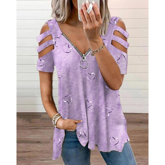 Casual Loosen V Neck Cotton Blend Geometric T-shirt - Purple, S