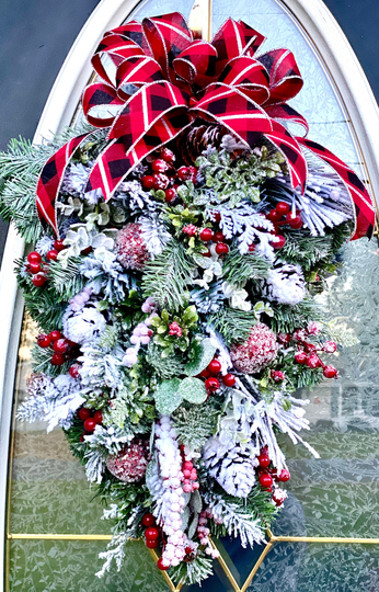 24" Christmas Teardrop, Wreath, Frosted Pinecones, Buffalo Plaid Evergreen Swag, Red Berries
