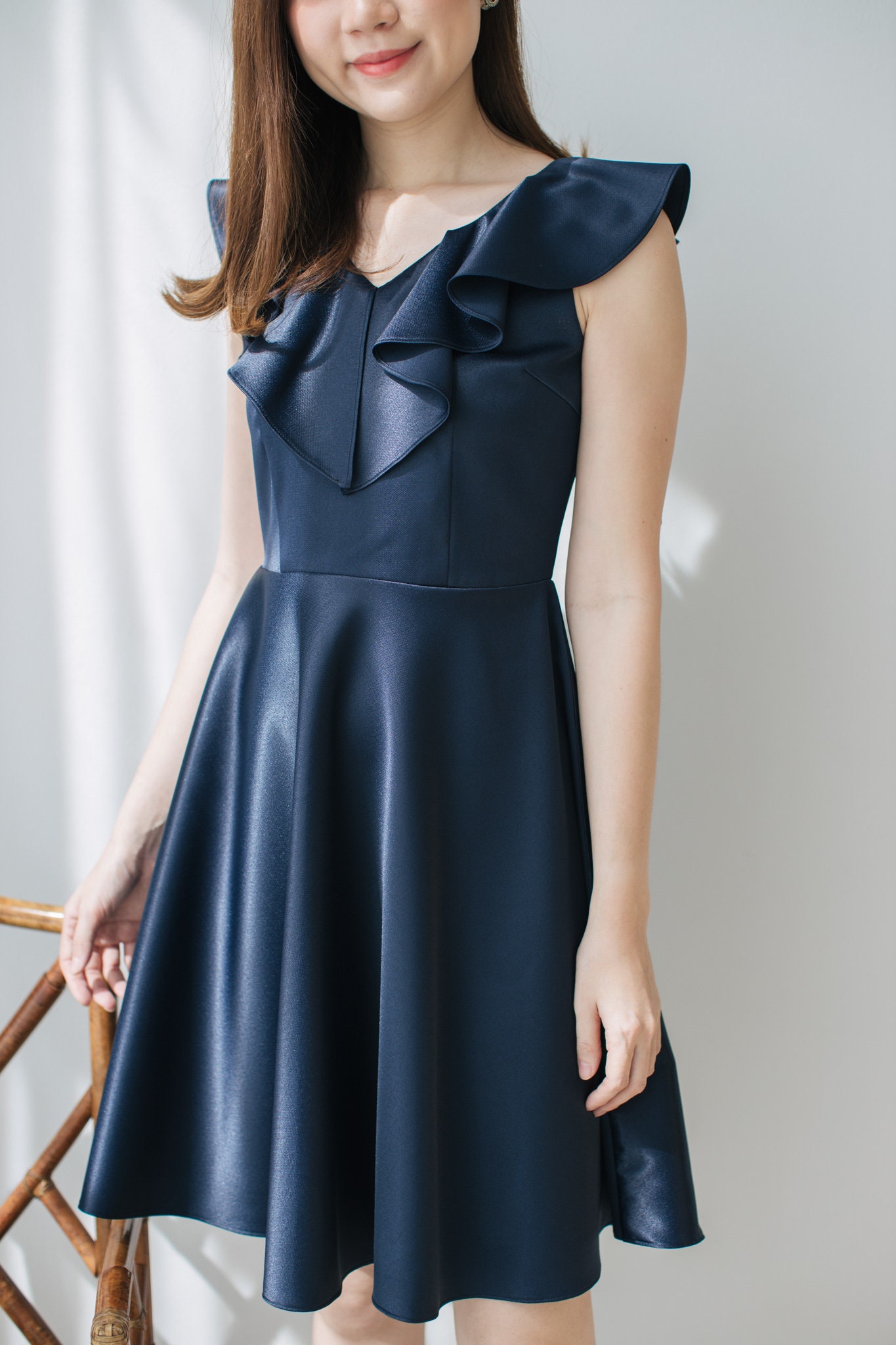 Navy Dress Bridesmaid Dark Blue Evening Vintage Inspired Party Summer V Neck Ruffle - Blake