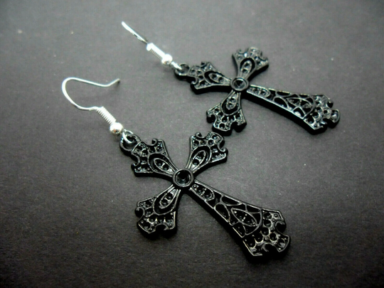A Pair Of Black Cross Themed Dangly Earrings