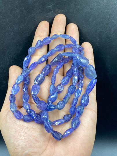 Unique Natural Blue Faceted Tanzanite Tumble Shape Bead Long Necklace