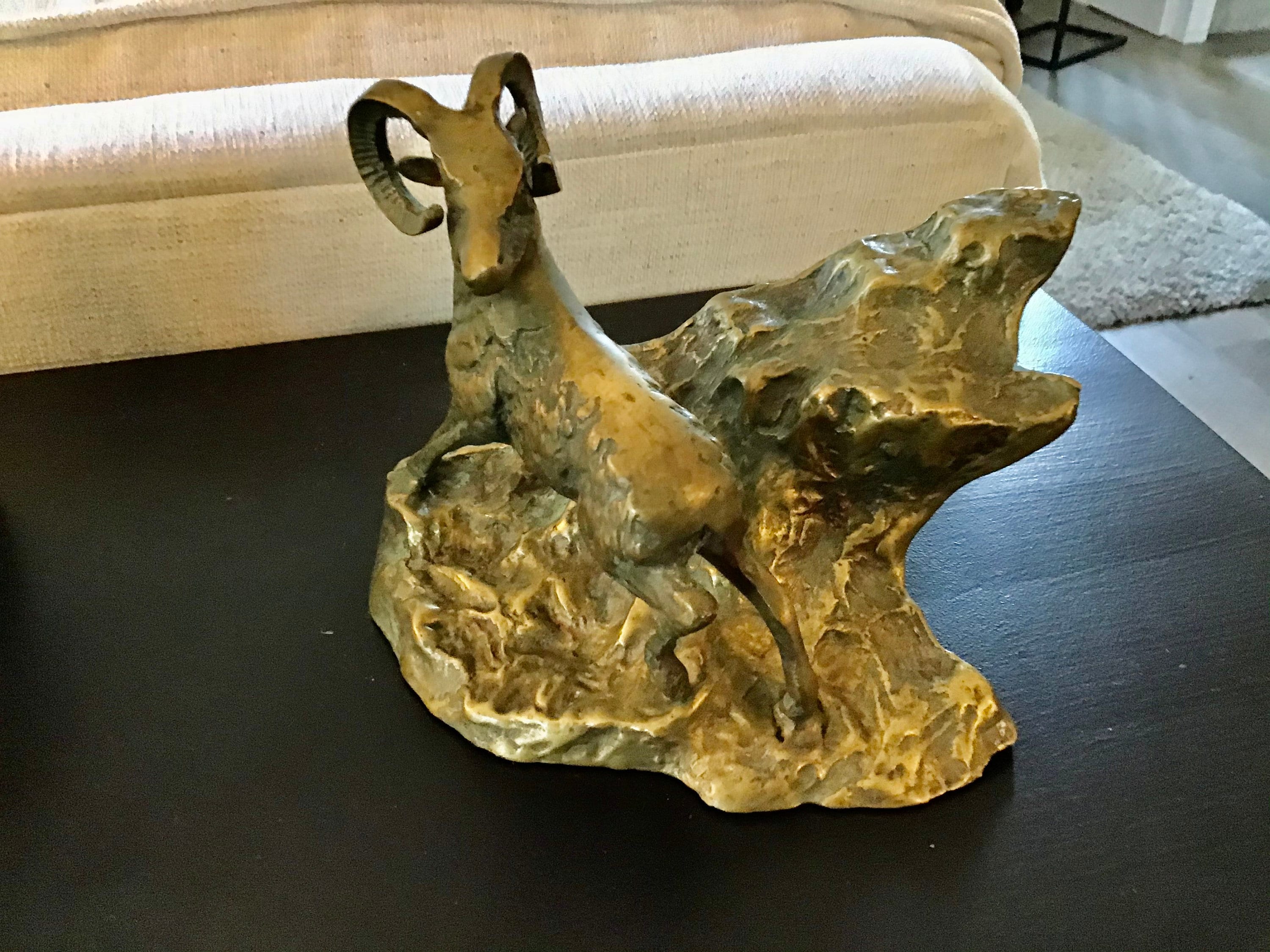 Solid Brass Ram On Mountain Statue, Vintage Decor, Figurine On Mountainside Office Decor Statue