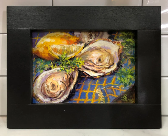 Original Painting, Oysters, Three Oysters & Lemon, Dianne Parks Artist, Small Pastel On Professional Paper, Mounted, Framed - "Just Three'