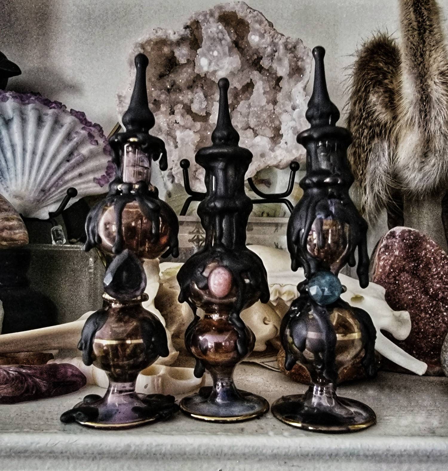 Hand Blended Essential Oils Infused With Natural Herbs & Crystals, Witch, Oil, Perfume, Crystal, Glass, Gem, Set, Oil