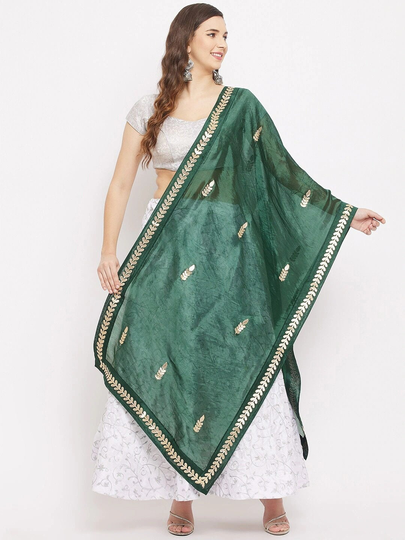 Women's Silk Blend Green Ethnic Motifs Embroidered Dupatta With Gotta Patti Free Shipping