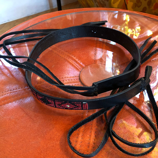 Boho Vintage Black Leather Beaded Tie Belt With Fringe