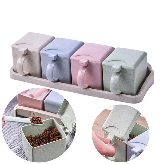 4Pcs Seasoning Box with Spoon Spice Condiment Container Cruet Kitchen Supply