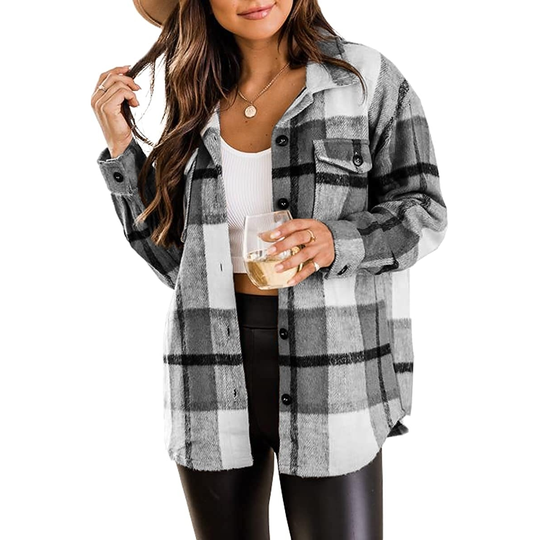 Womens Flannel Shacket Jacket Casual Plaid Wool Blend Button Down Long Sleeve Shirt Fall Clothes Outfits 2022 - grey, x-large